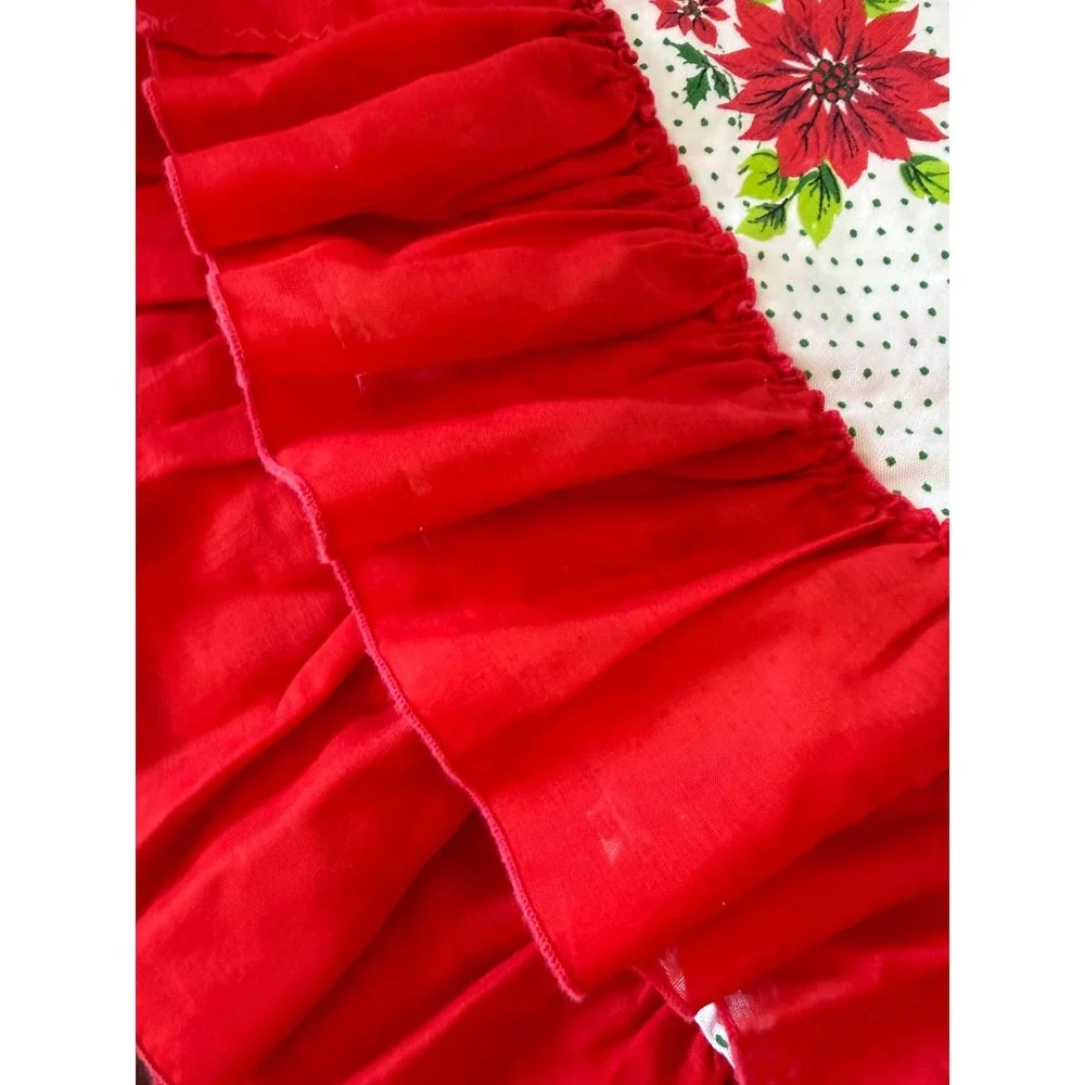 Vintage Christmas Tablecloth Poinsettia Polka Dot Red Ruffle Round 55 Inch